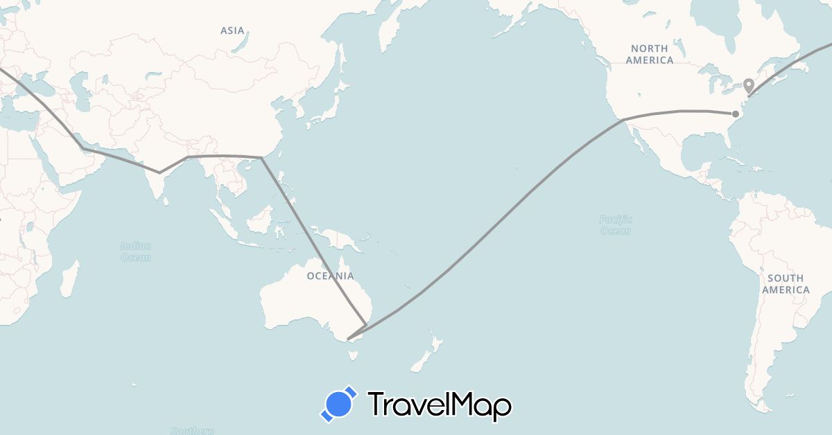 TravelMap itinerary: driving, plane in Australia, China, India, Qatar, United States (Asia, North America, Oceania)
